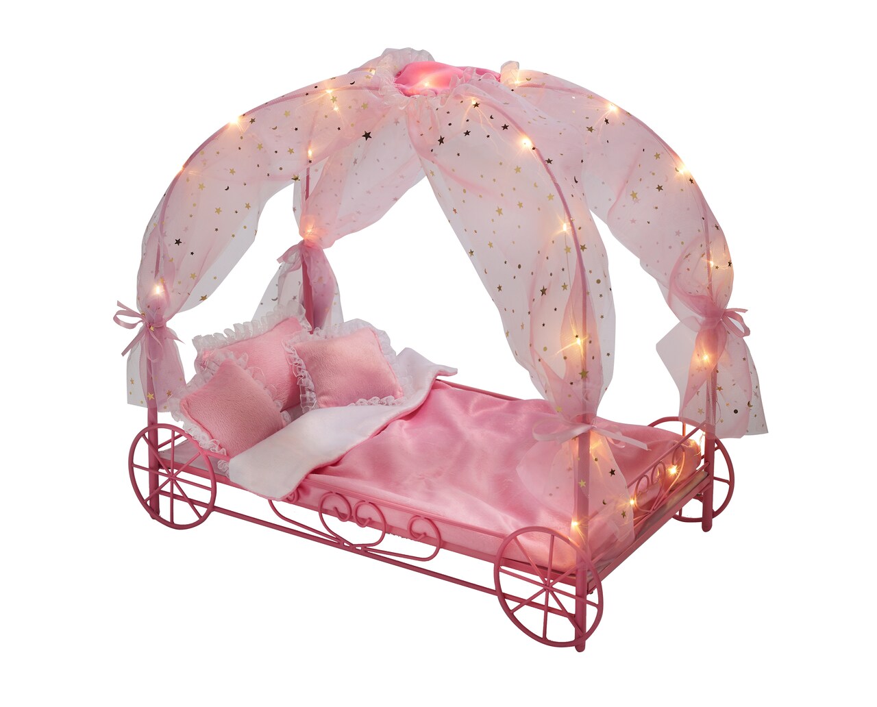 Badger Basket Royal Carriage Metal Doll Bed with Canopy, Bedding and LED Lights - Pink/White/Stars